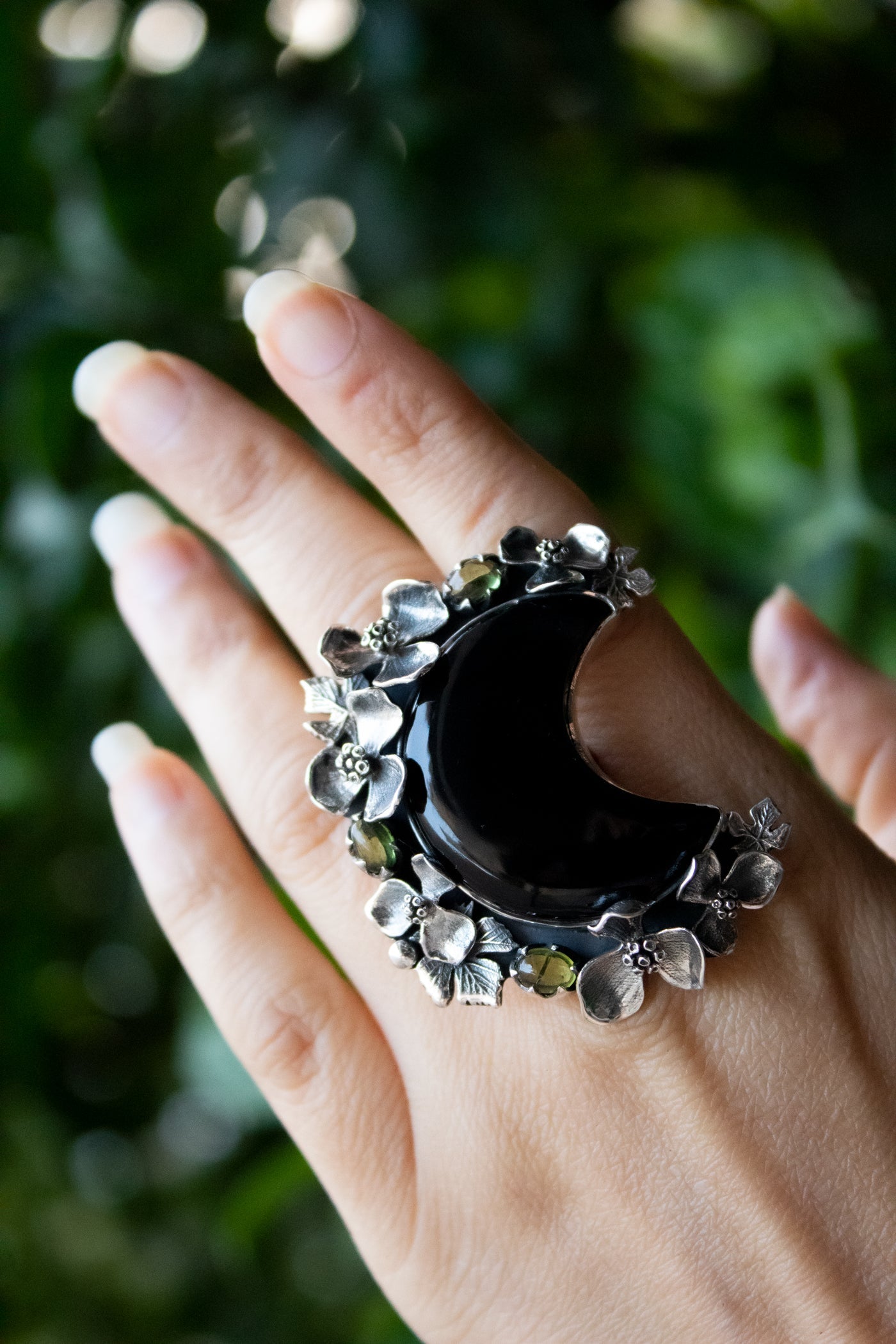 Crescent Bloom Onyx Ring with Peridot | Sterling Silver Statement