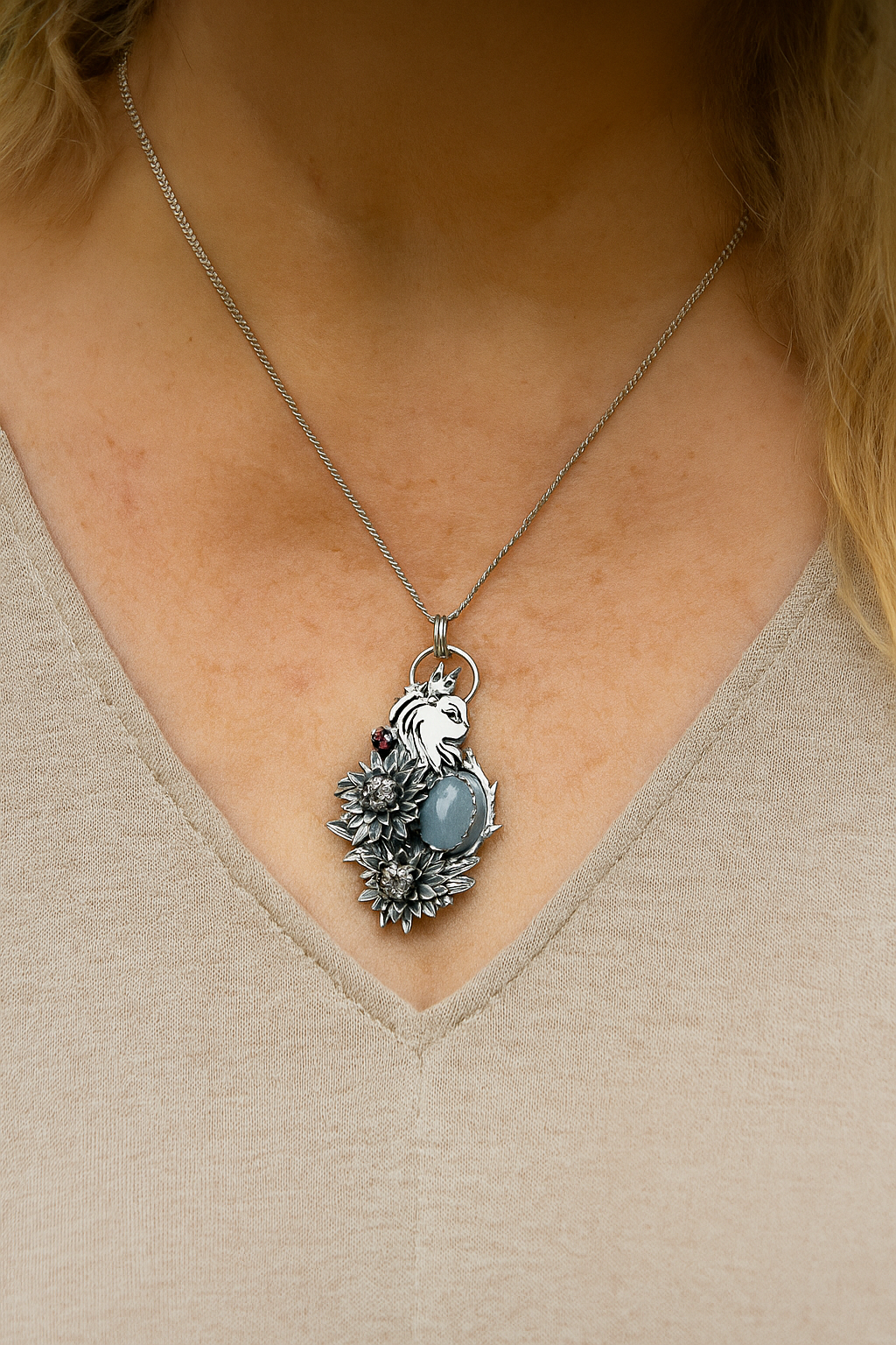 Wolf Spirit Aquamarine & Garnet Pendant