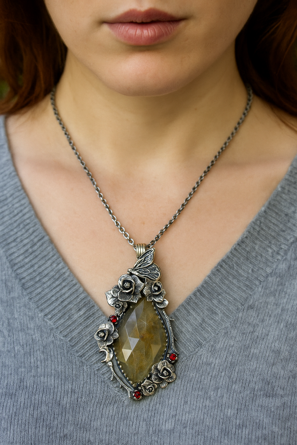 Butterfly Rose Rutilated Quartz & Garnet Pendant