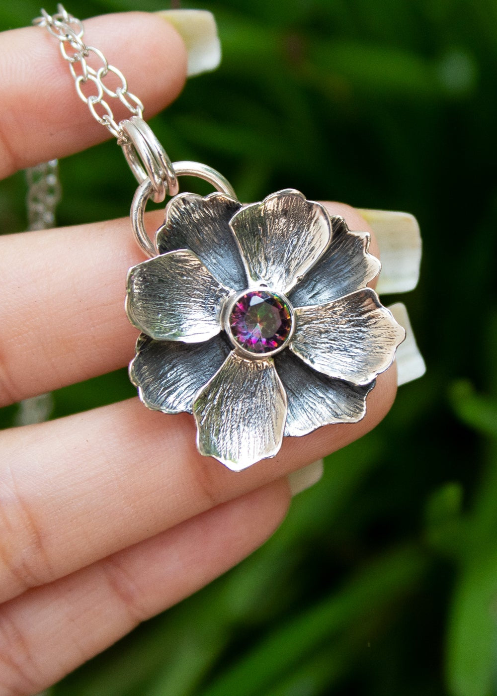 Mystic Bloom Pendant – Mystic Topaz & Silver Flower