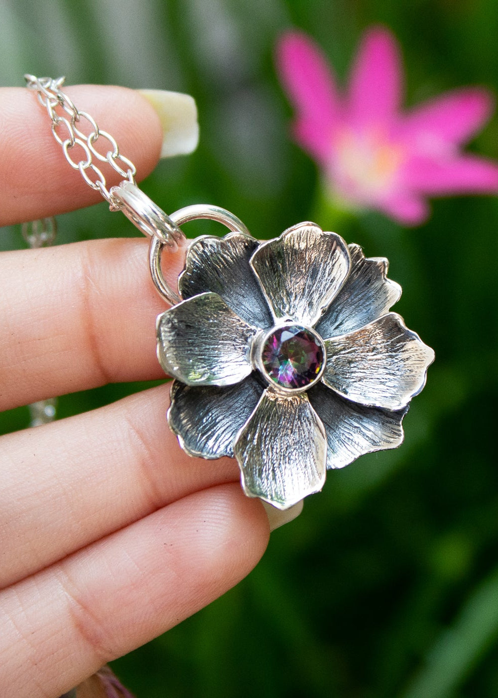 Mystic Bloom Pendant – Mystic Topaz & Silver Flower