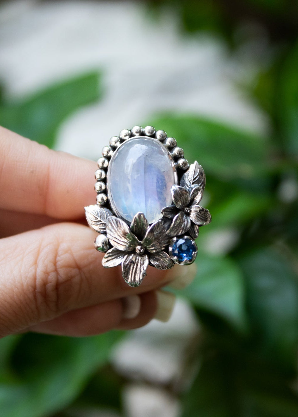Moonlit Blossom Moonstone & Kyanite Ring