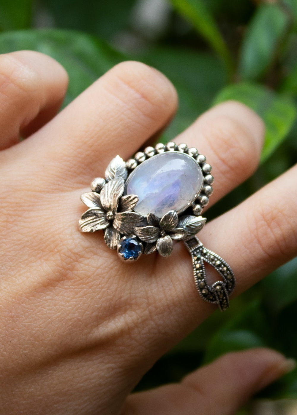 Moonlit Blossom Moonstone & Kyanite Ring