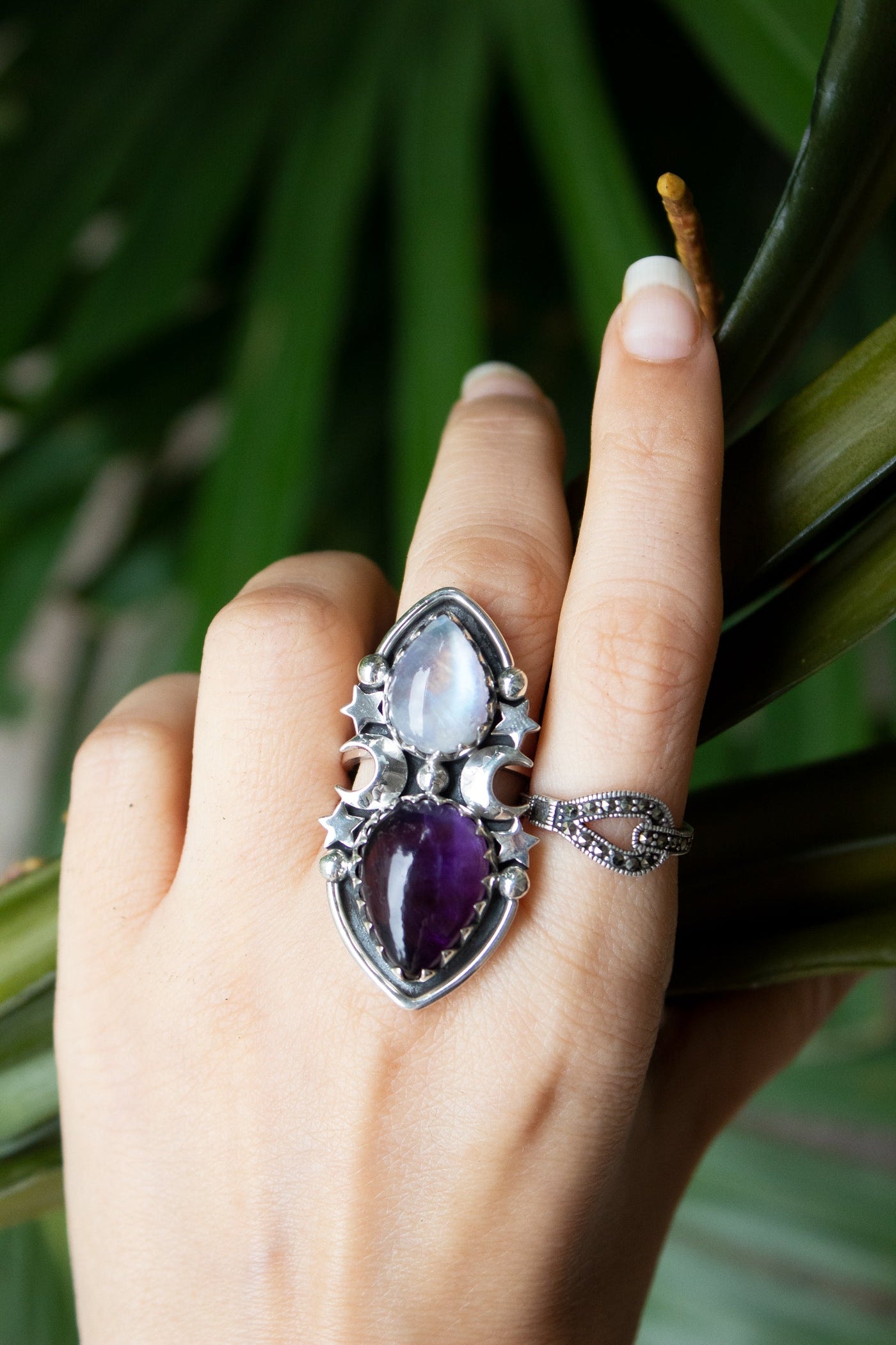 Celestia’s Veil – Moonstone & Amethyst Ring