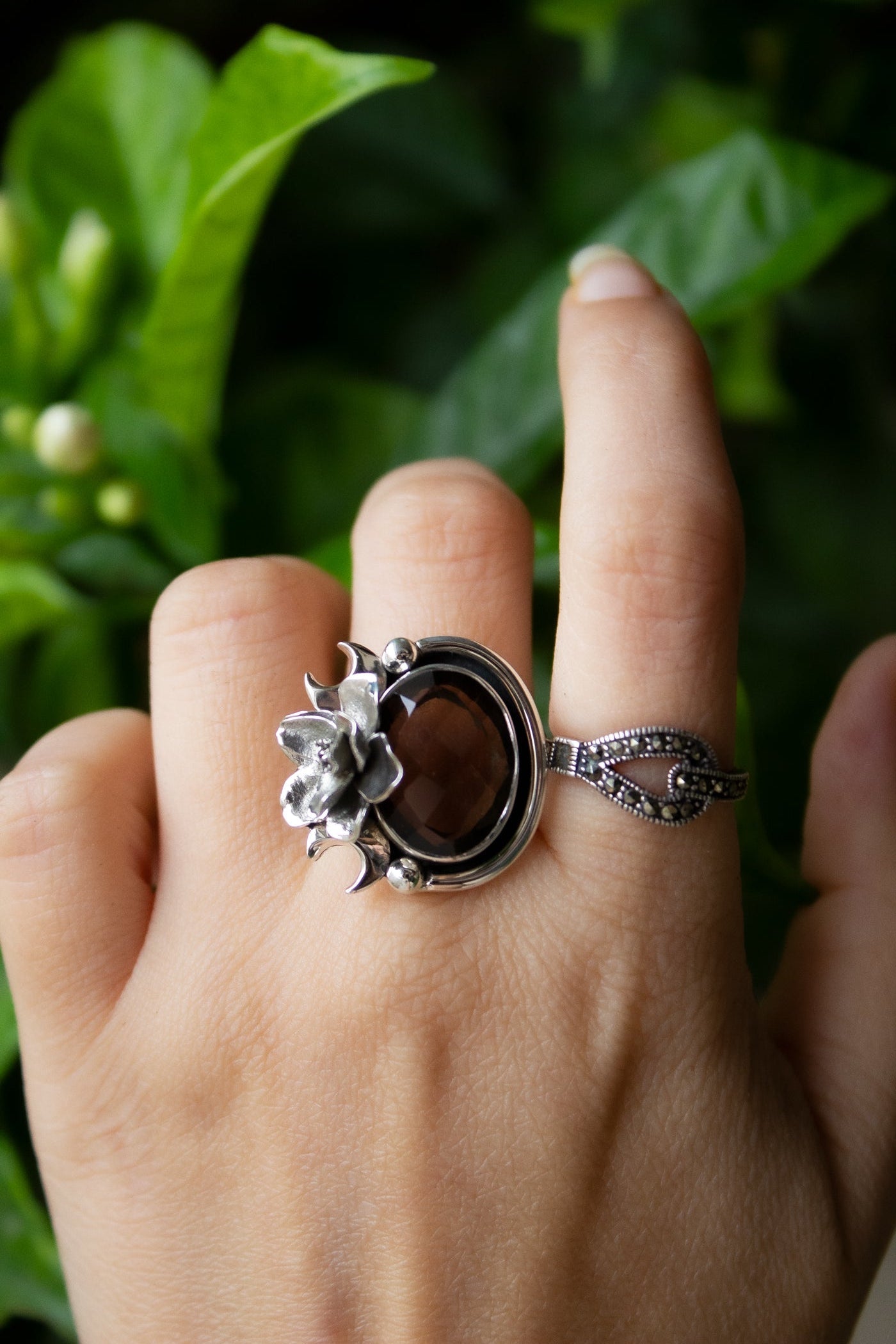 Midnight Blossom Smoky Quartz Ring