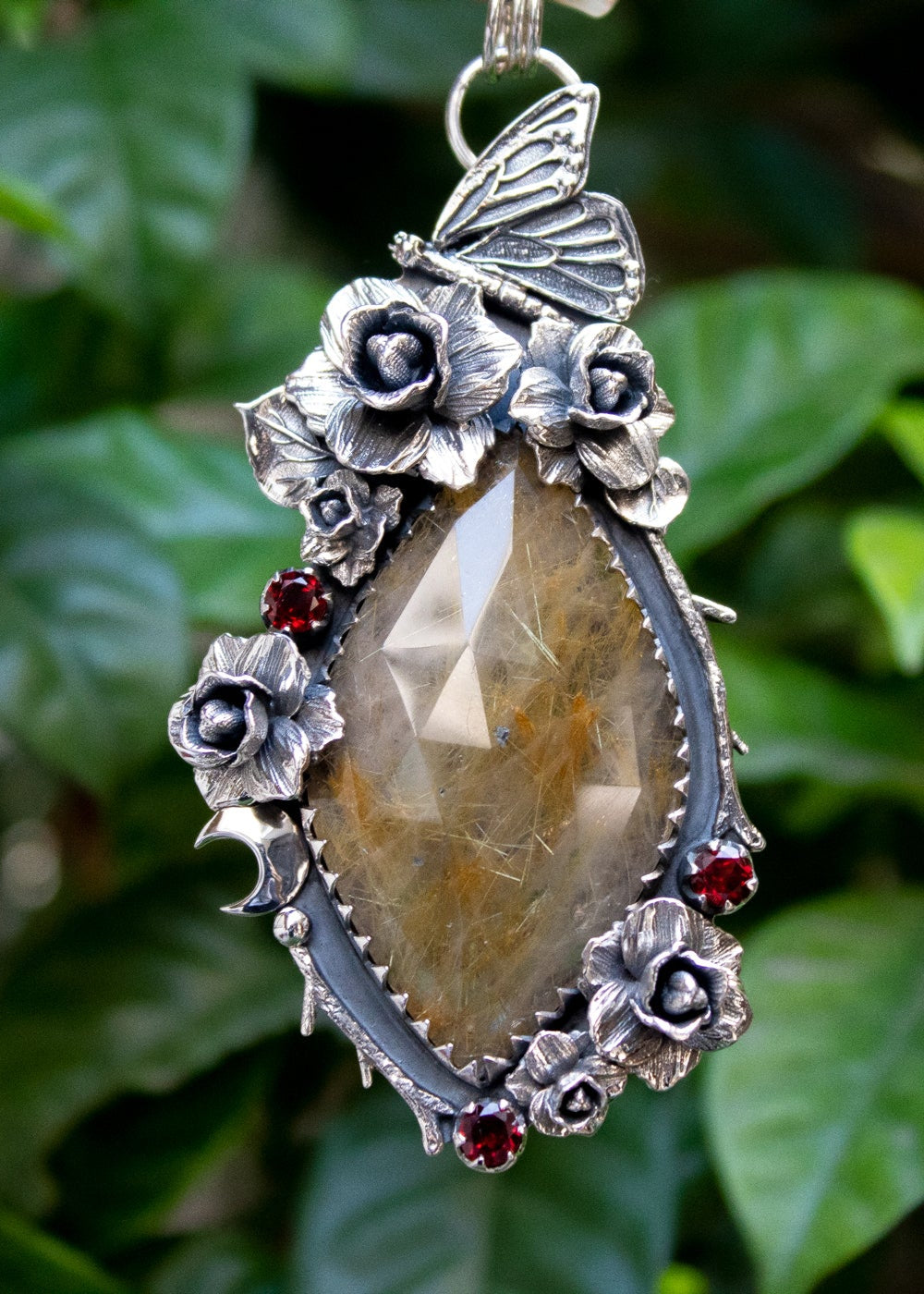 Butterfly Rose Rutilated Quartz & Garnet Pendant