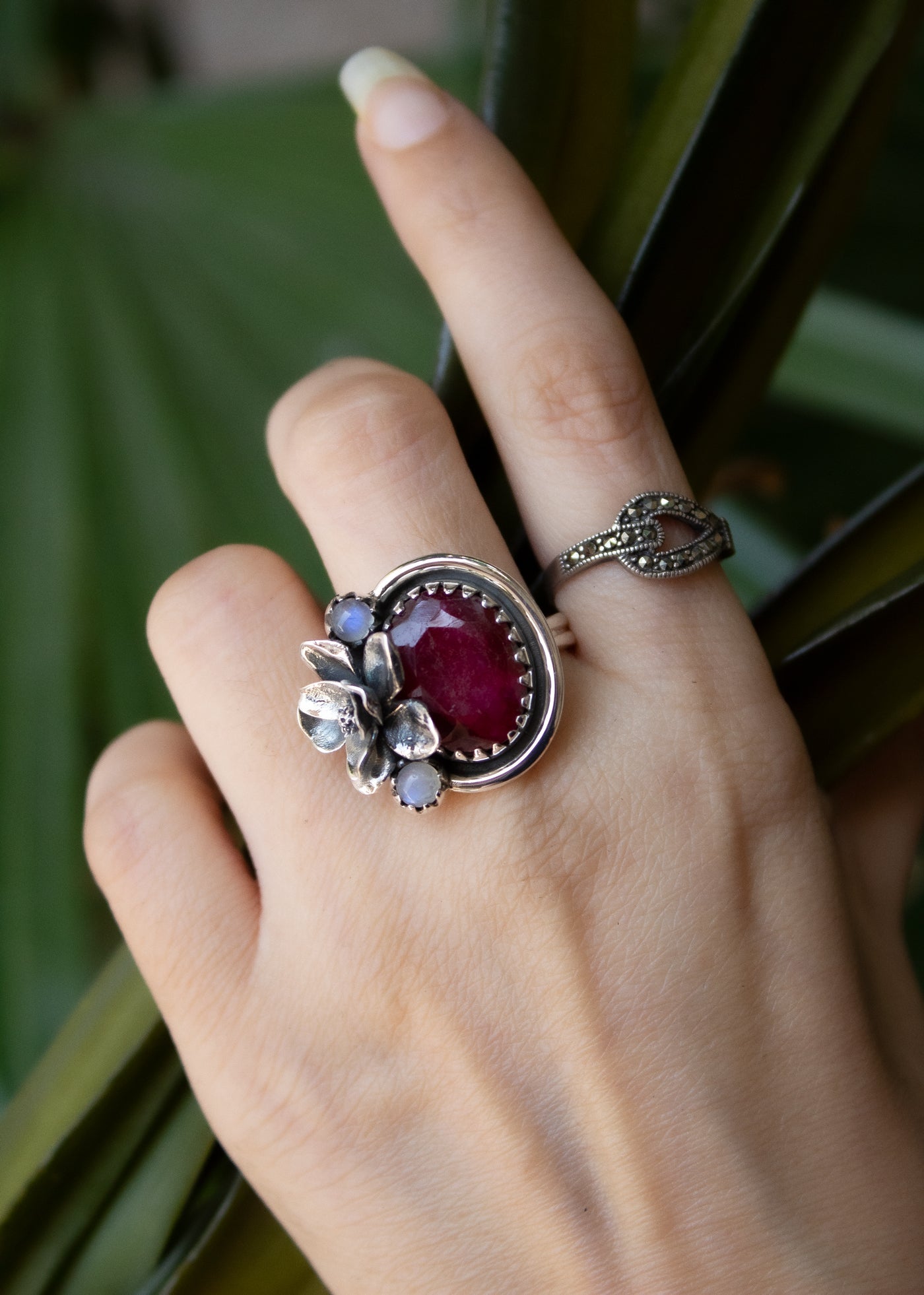 Scarlet Bloom Ruby & Moonstone Ring