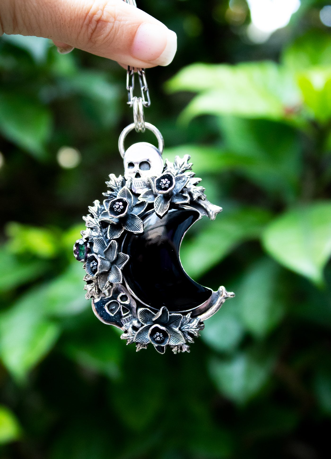 Dark Bloom Crescent – Black Onyx Pendant