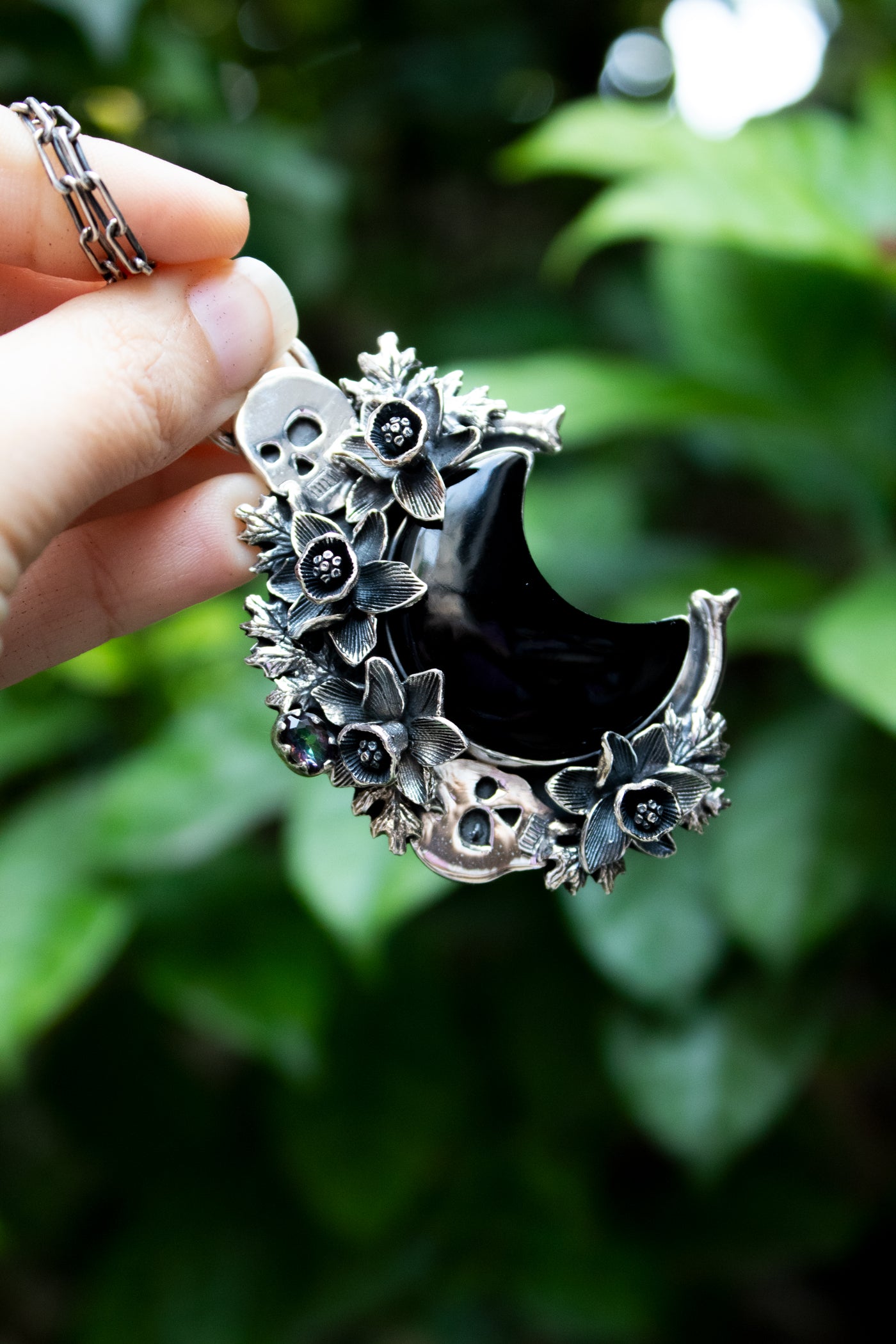 Dark Bloom Crescent – Black Onyx Pendant