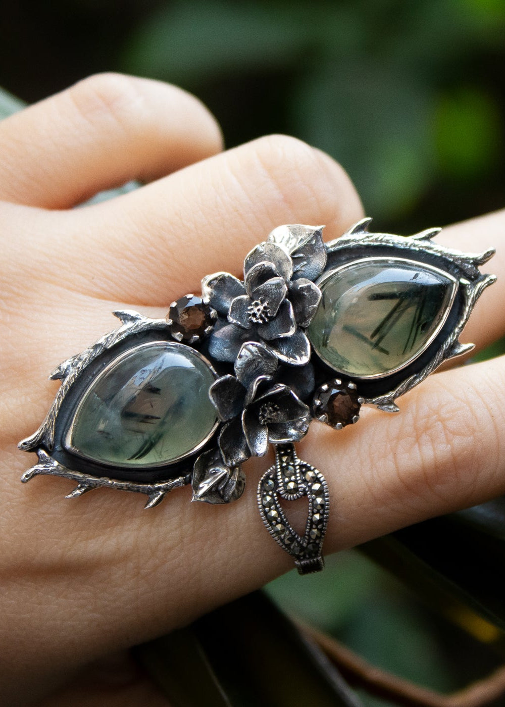 Twin Blossom Prehnite Ring