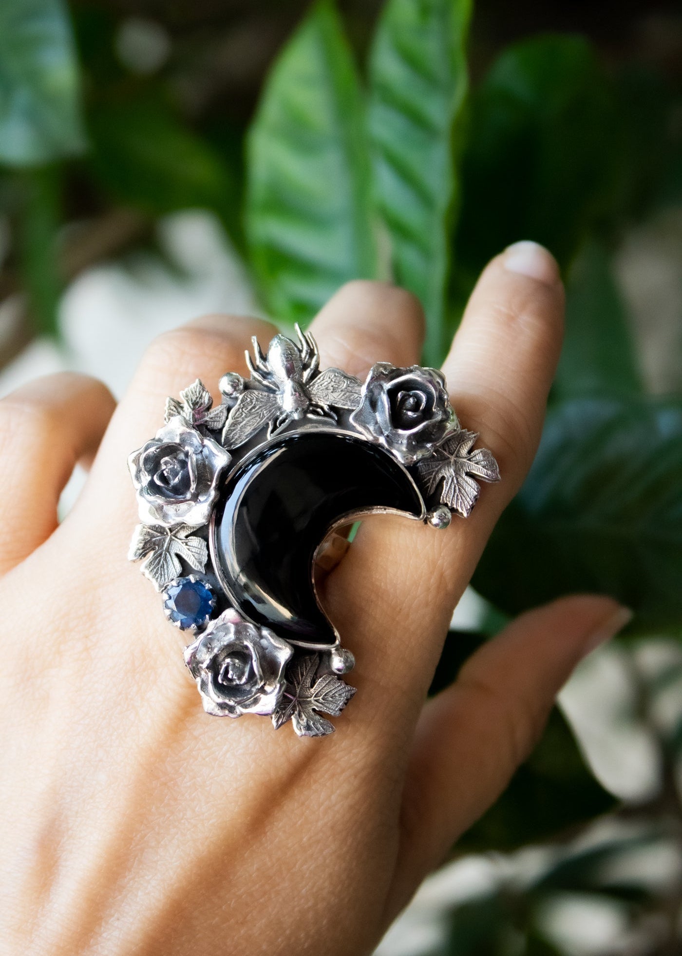 Midnight Bloom Crescent Ring