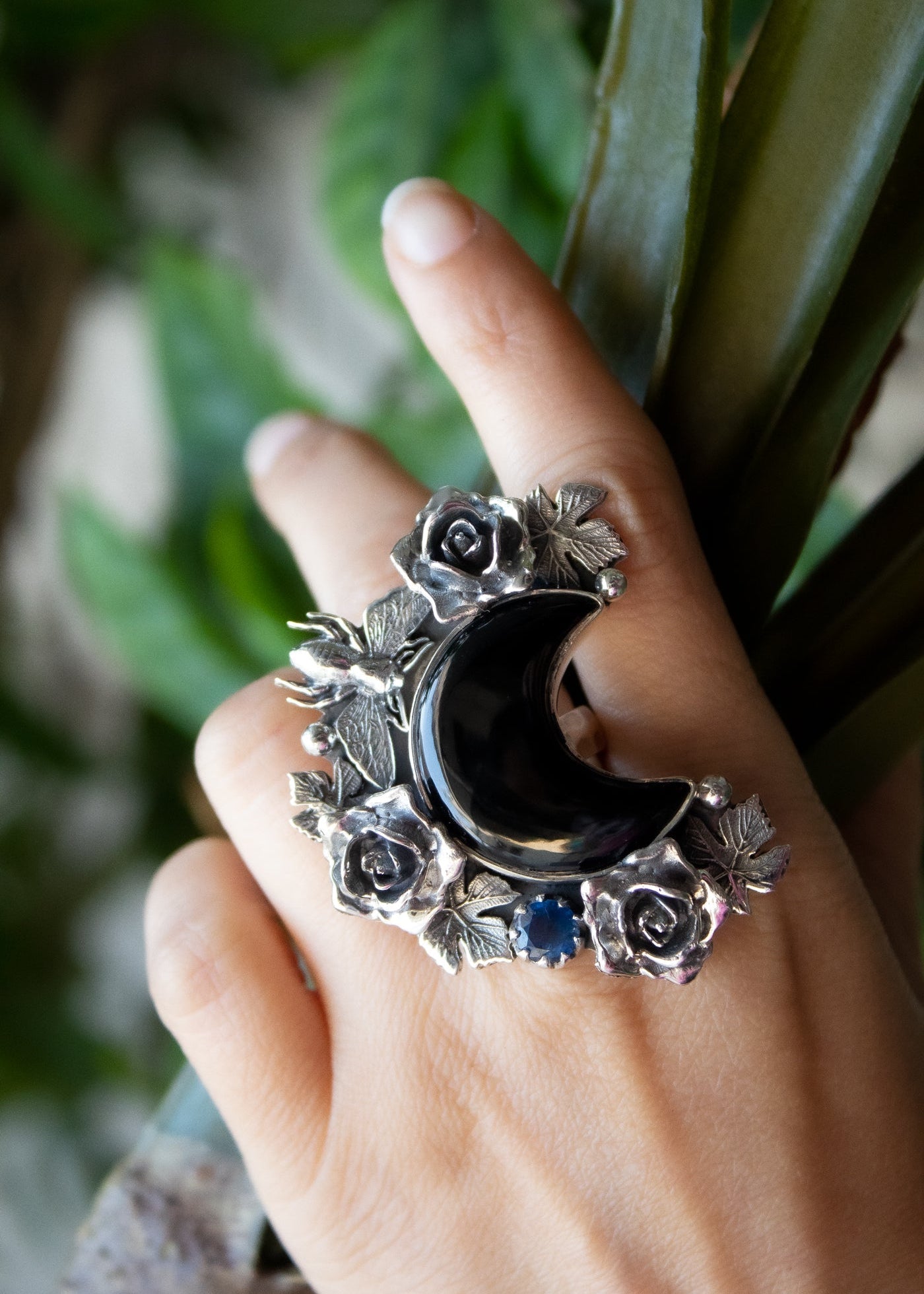 Midnight Bloom Crescent Ring