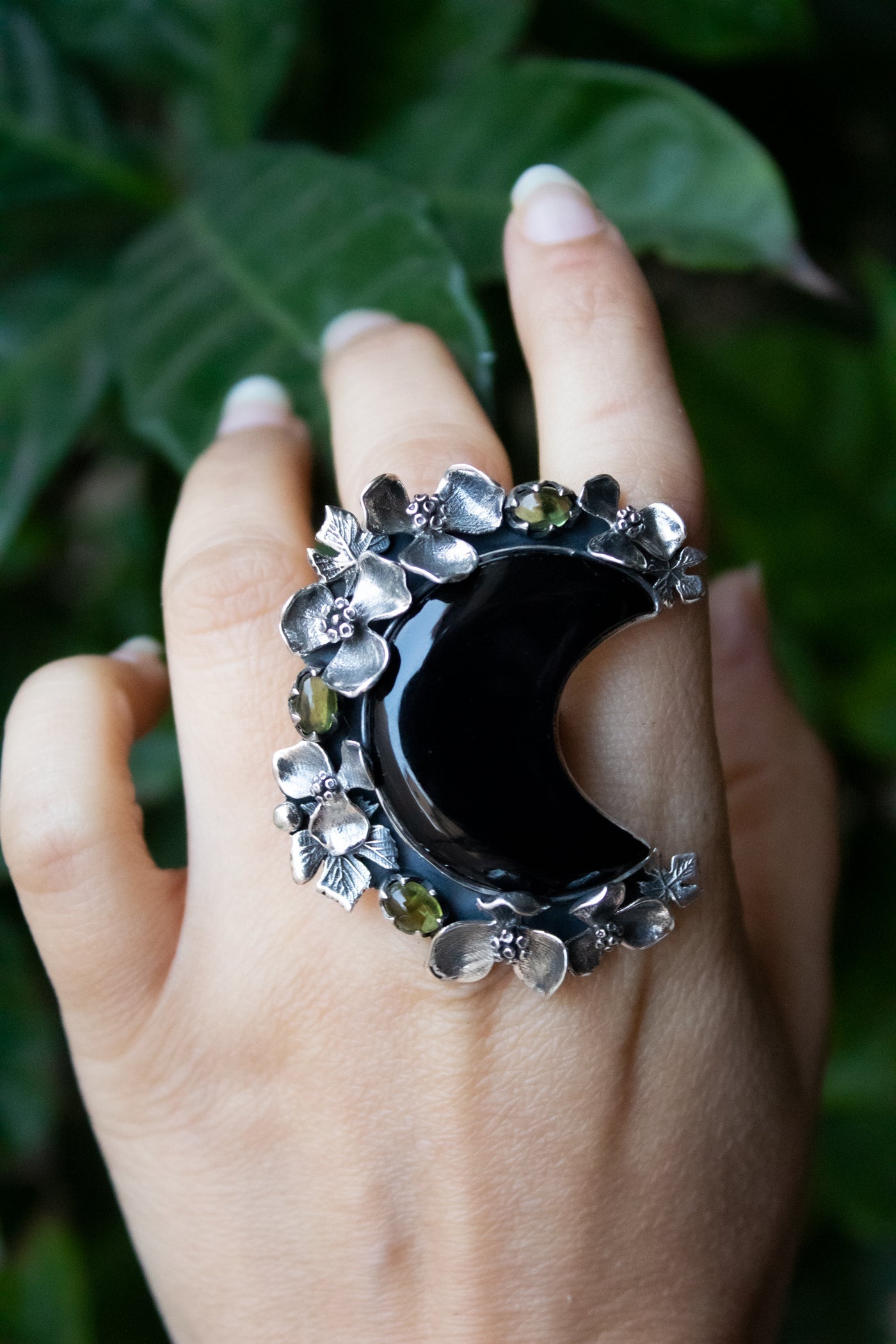 Crescent Bloom Onyx Ring with Peridot | Sterling Silver Statement
