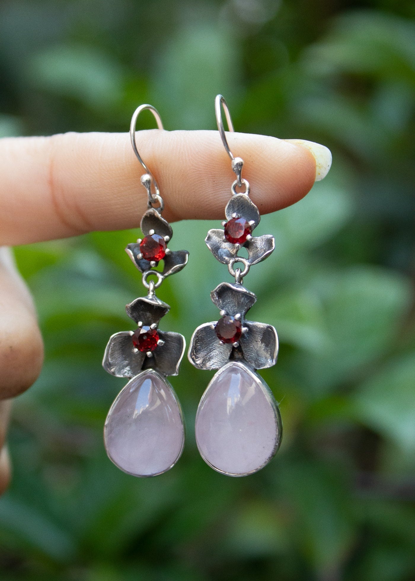 Rosette Rose Quartz & Garnet Earrings