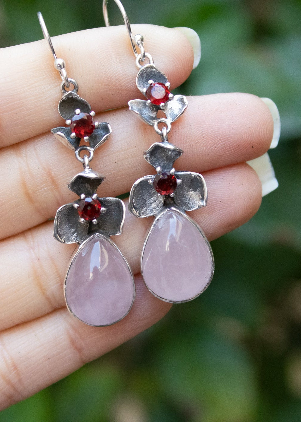 Rosette Rose Quartz & Garnet Earrings