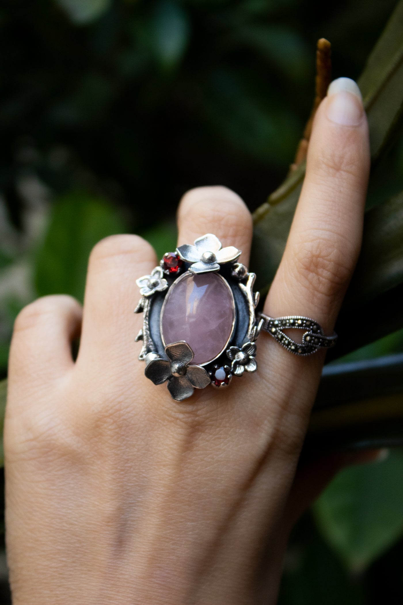 Wild Rose Quartz & Garnet Ring