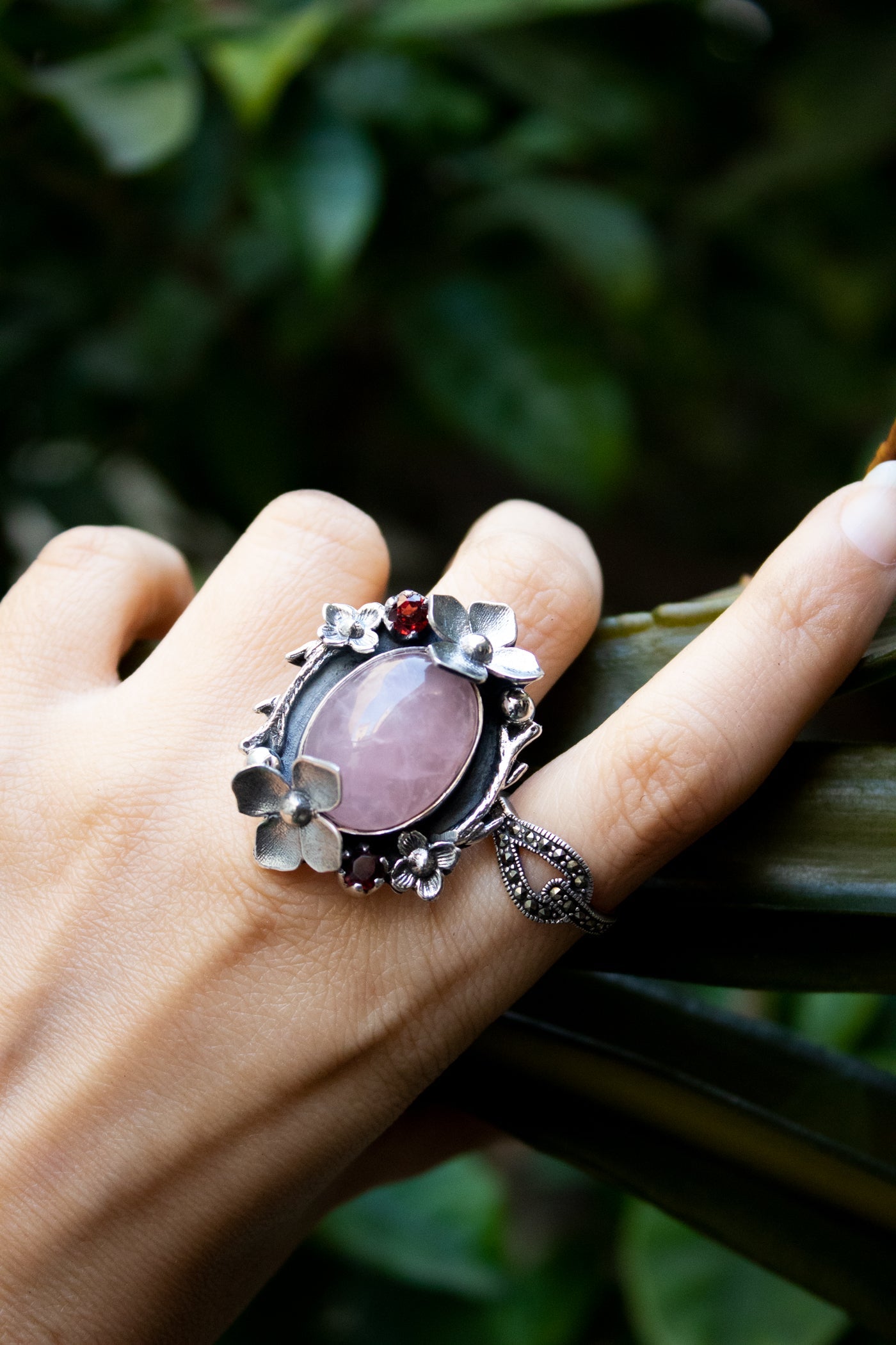 Wild Rose Quartz & Garnet Ring