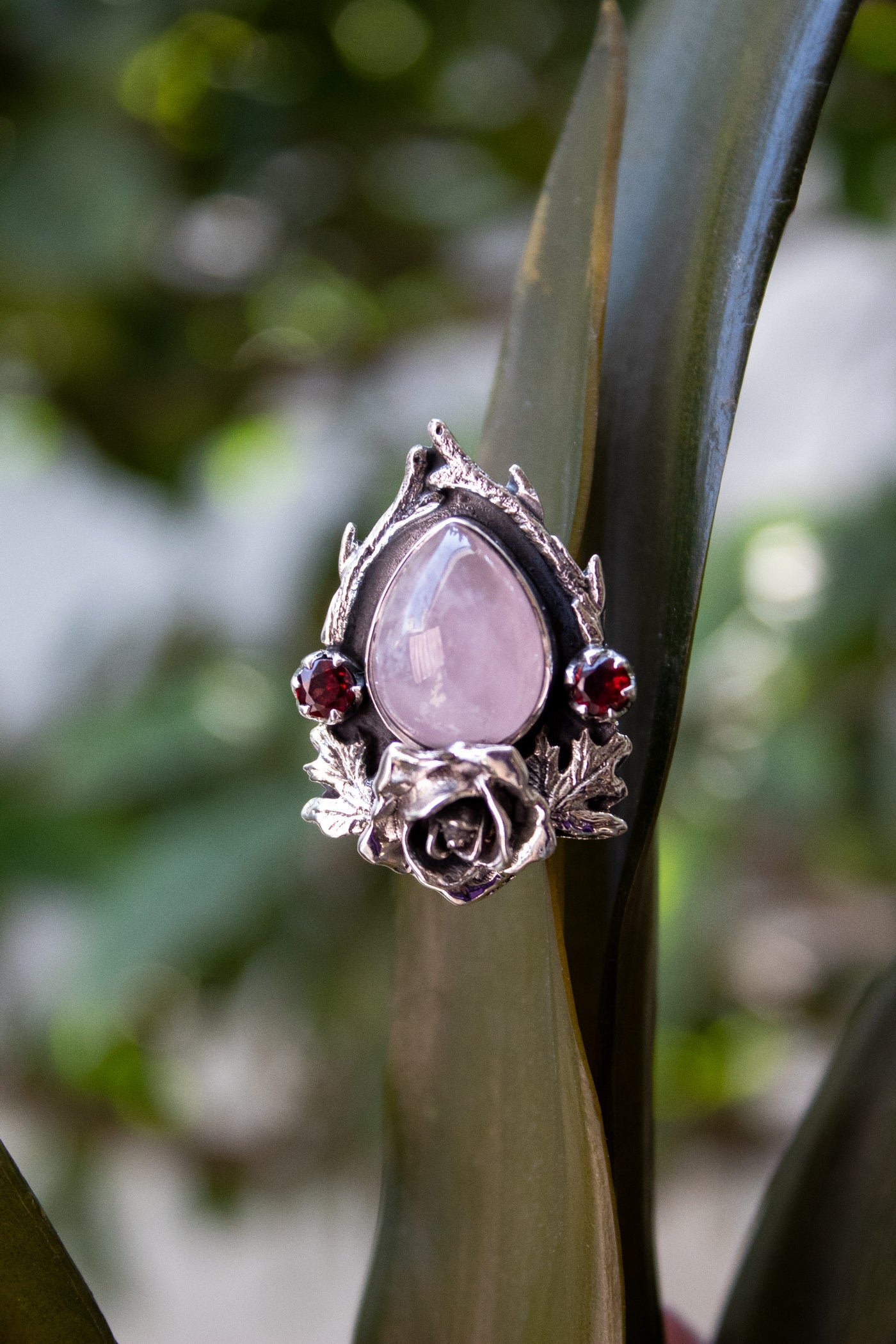 Enchanted Bloom Rose Quartz & Garnet Ring