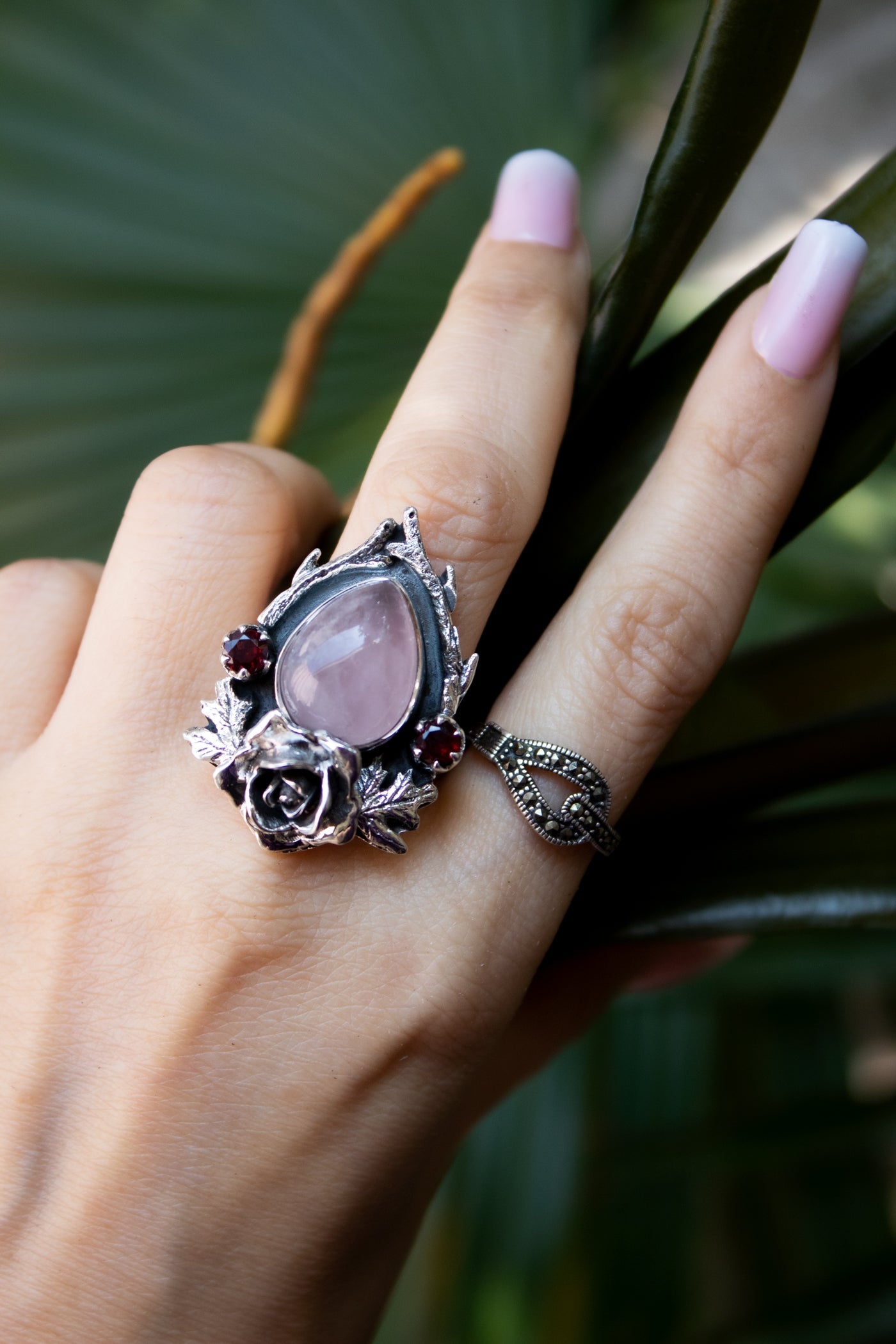 Enchanted Bloom Rose Quartz & Garnet Ring