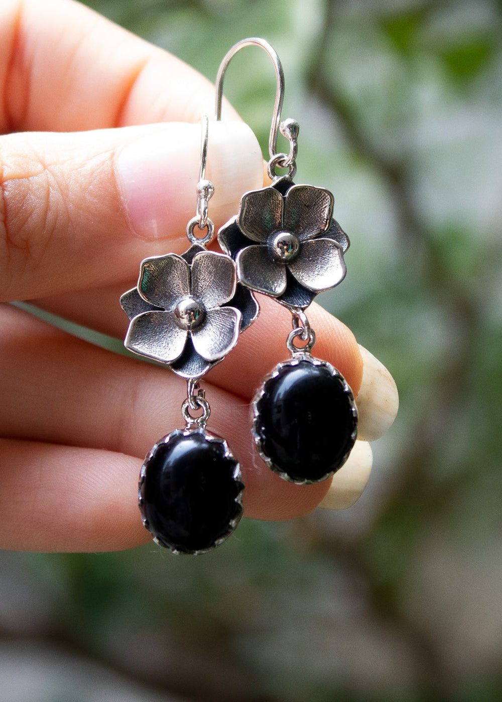 Black Onyx Floral Drop Earrings