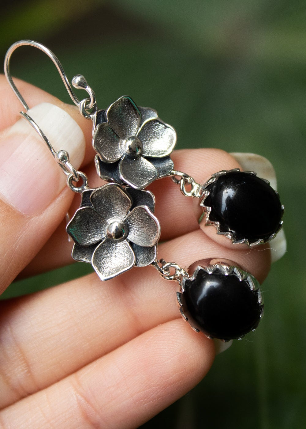 Black Onyx Floral Drop Earrings