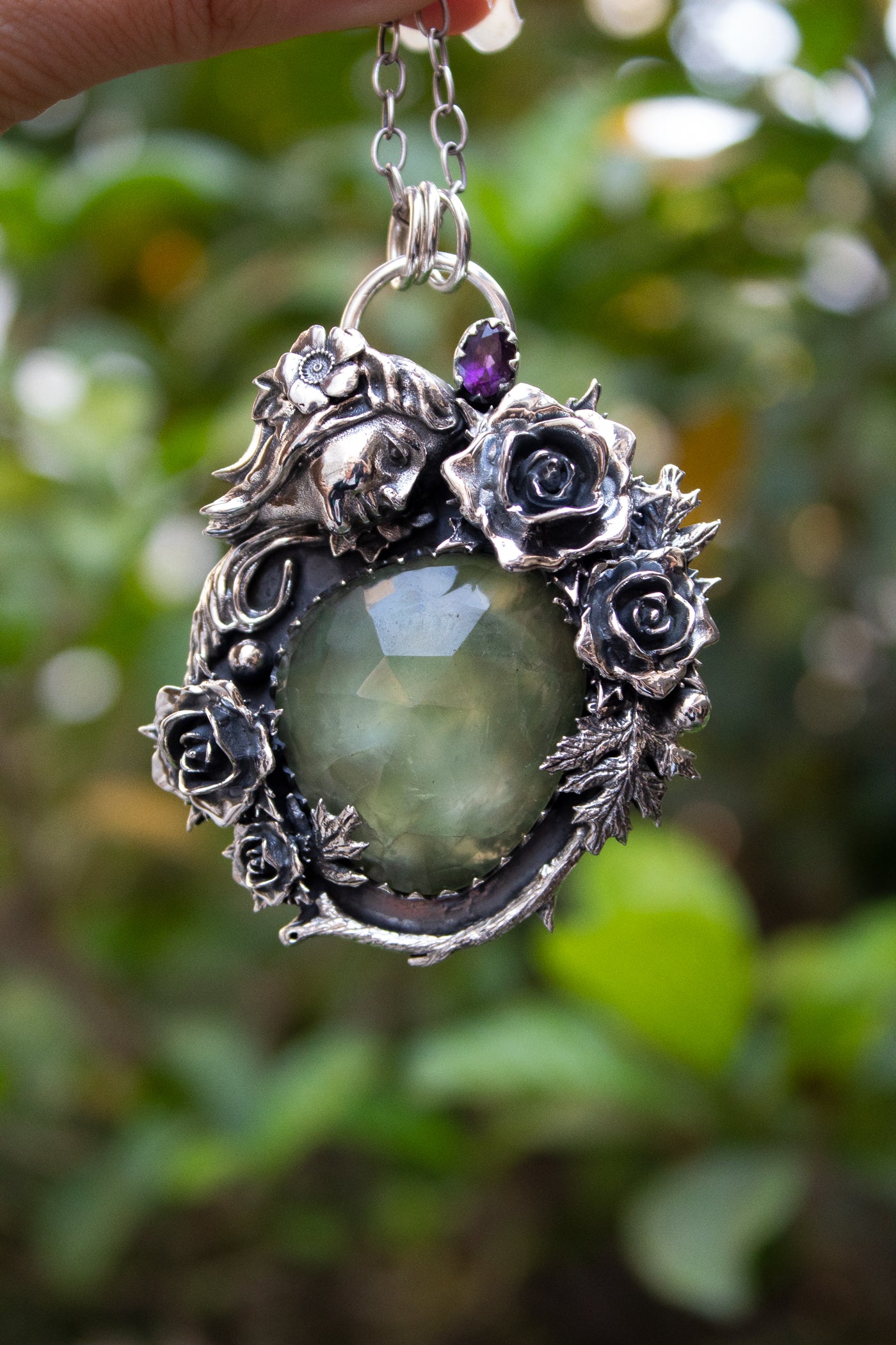 Enchanted Rose Prehnite & Amethyst Pendant