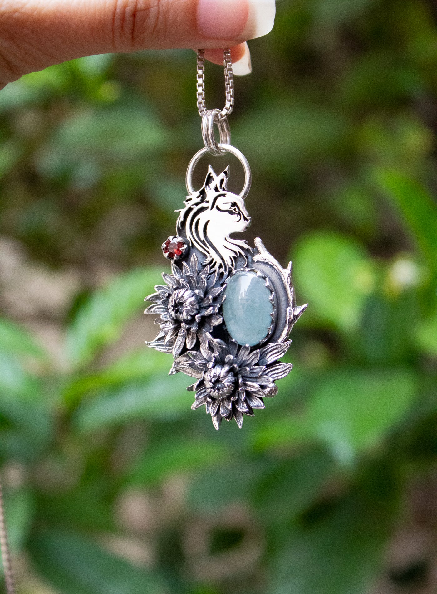 Wolf Spirit Aquamarine & Garnet Pendant