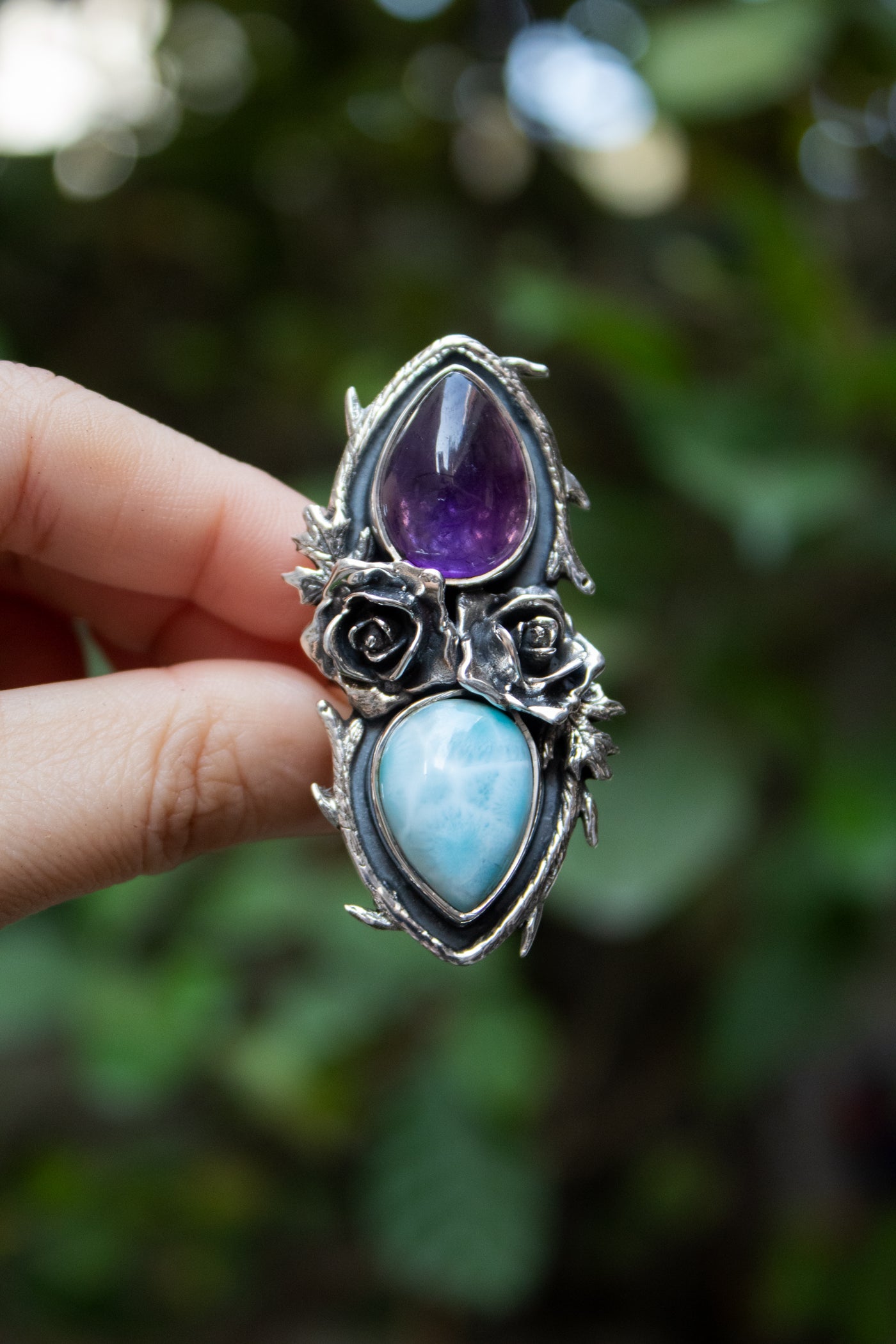 Amethyst & Larimar Rose Ring