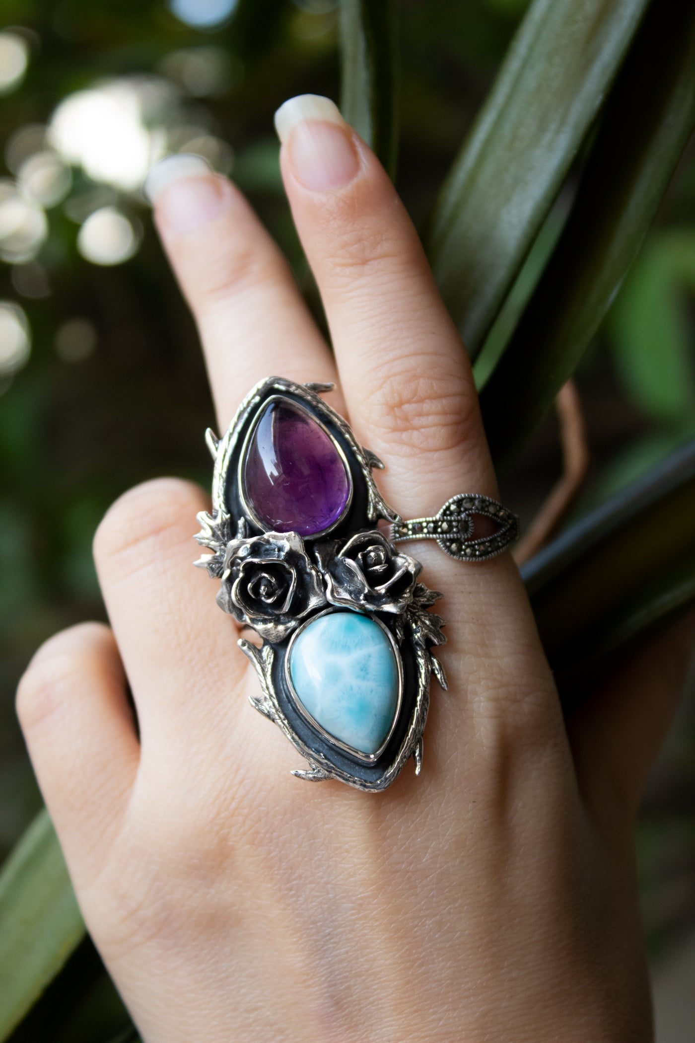 Amethyst & Larimar Rose Ring