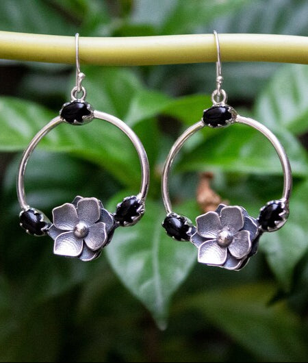Midnight Bloom Onyx Hoop Earrings